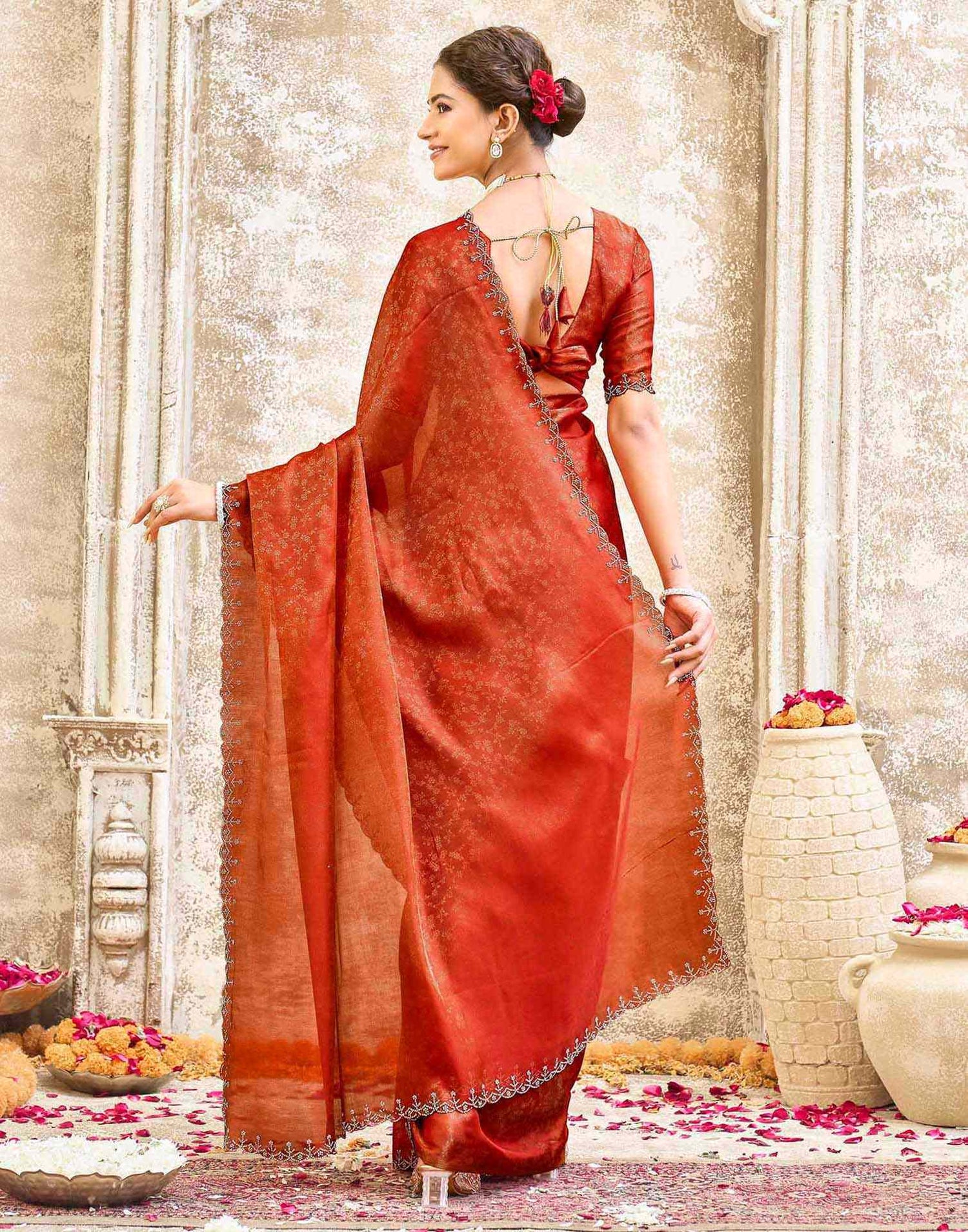 Orange Tissue Satin Stone Work Swarovski saree