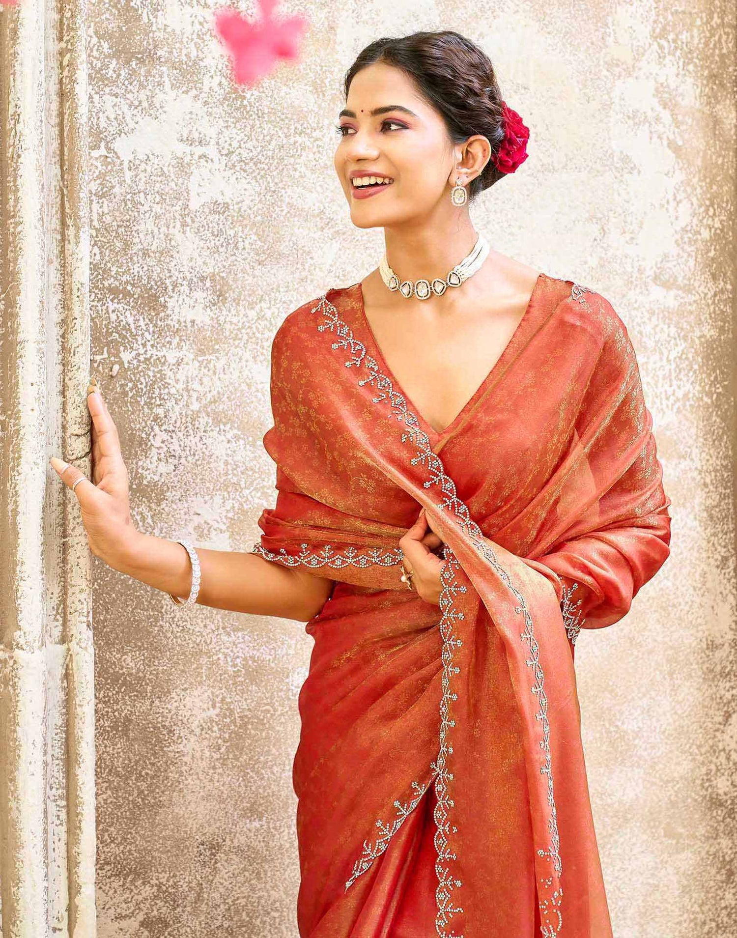 Orange Tissue Satin Stone Work Swarovski saree