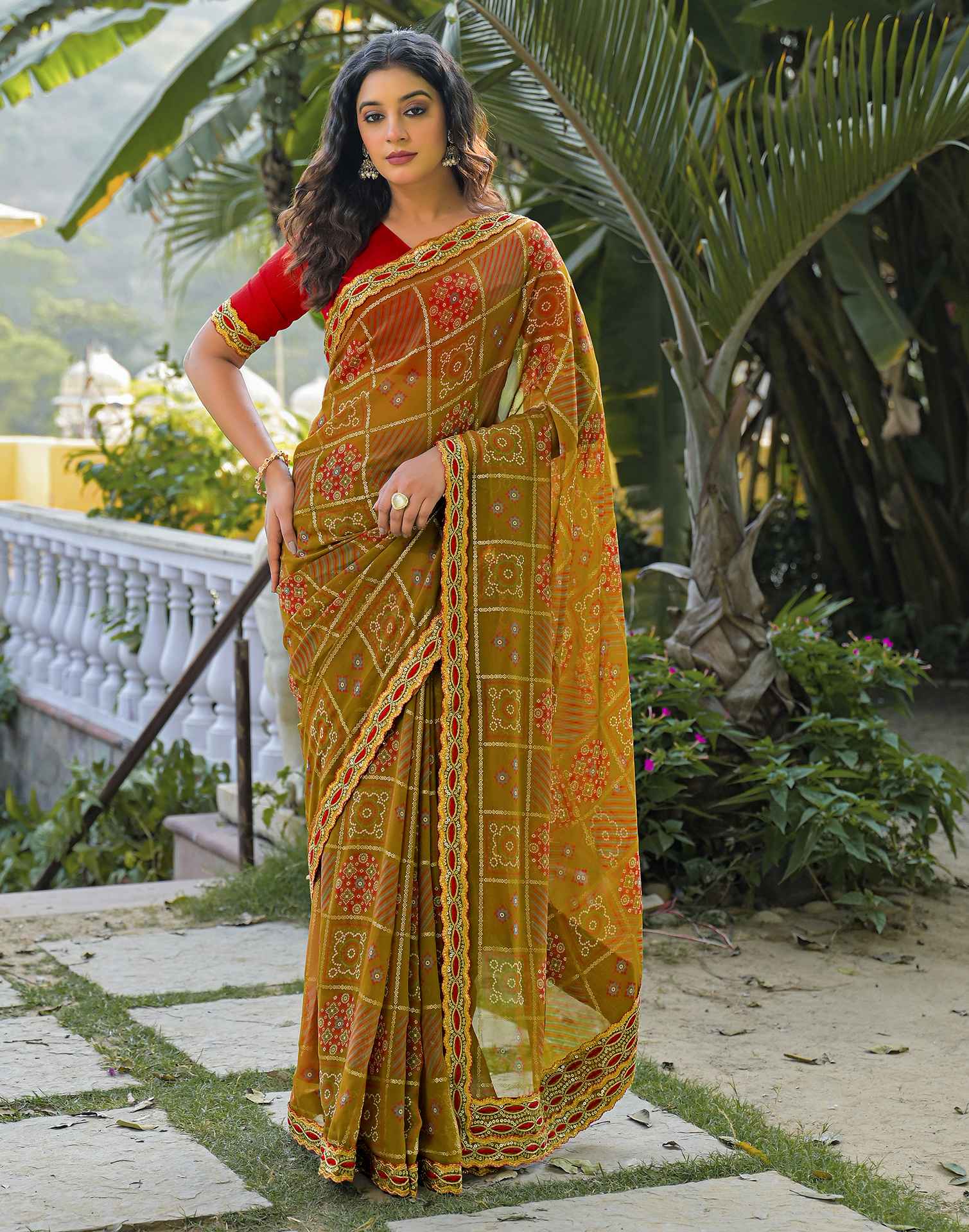 Dusty Brown Georgette Bandhani Printed Lace Saree