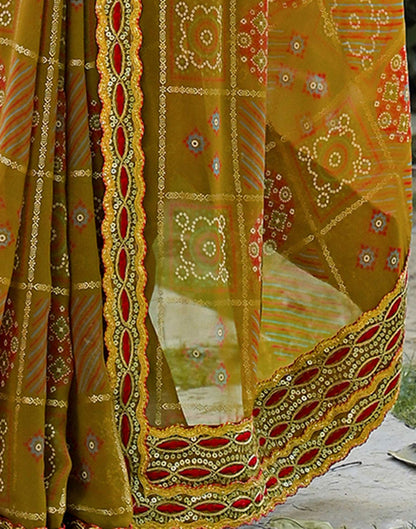 Dusty Brown Georgette Bandhani Printed Lace Saree