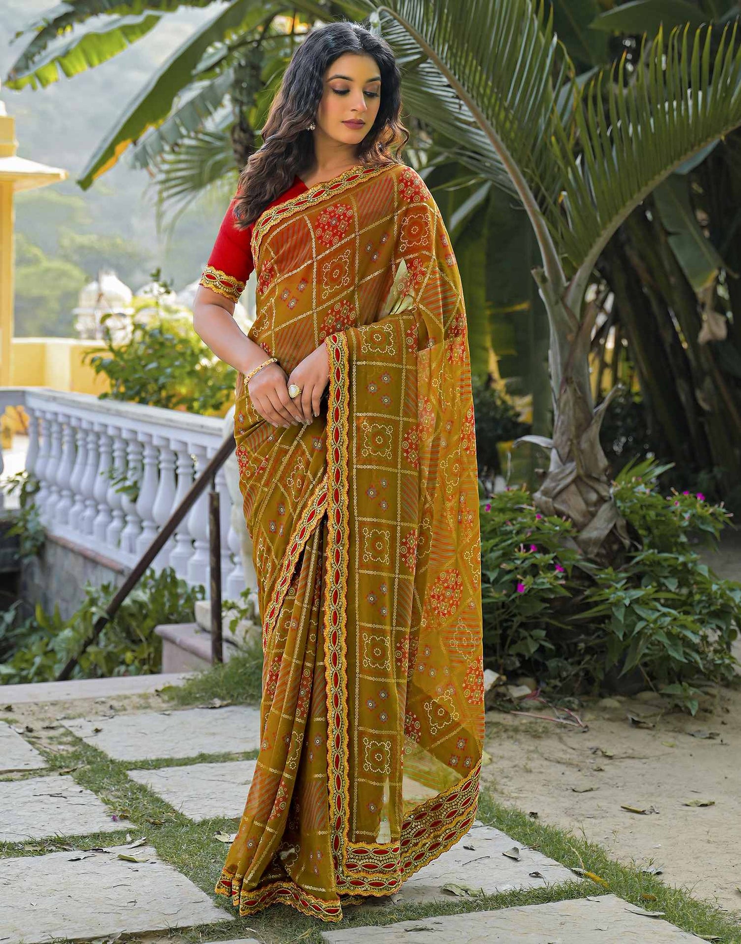 Dusty Brown Georgette Bandhani Printed Lace Saree