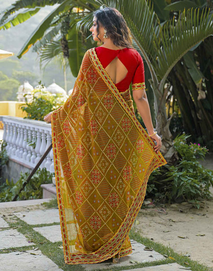 Dusty Brown Georgette Bandhani Printed Lace Saree