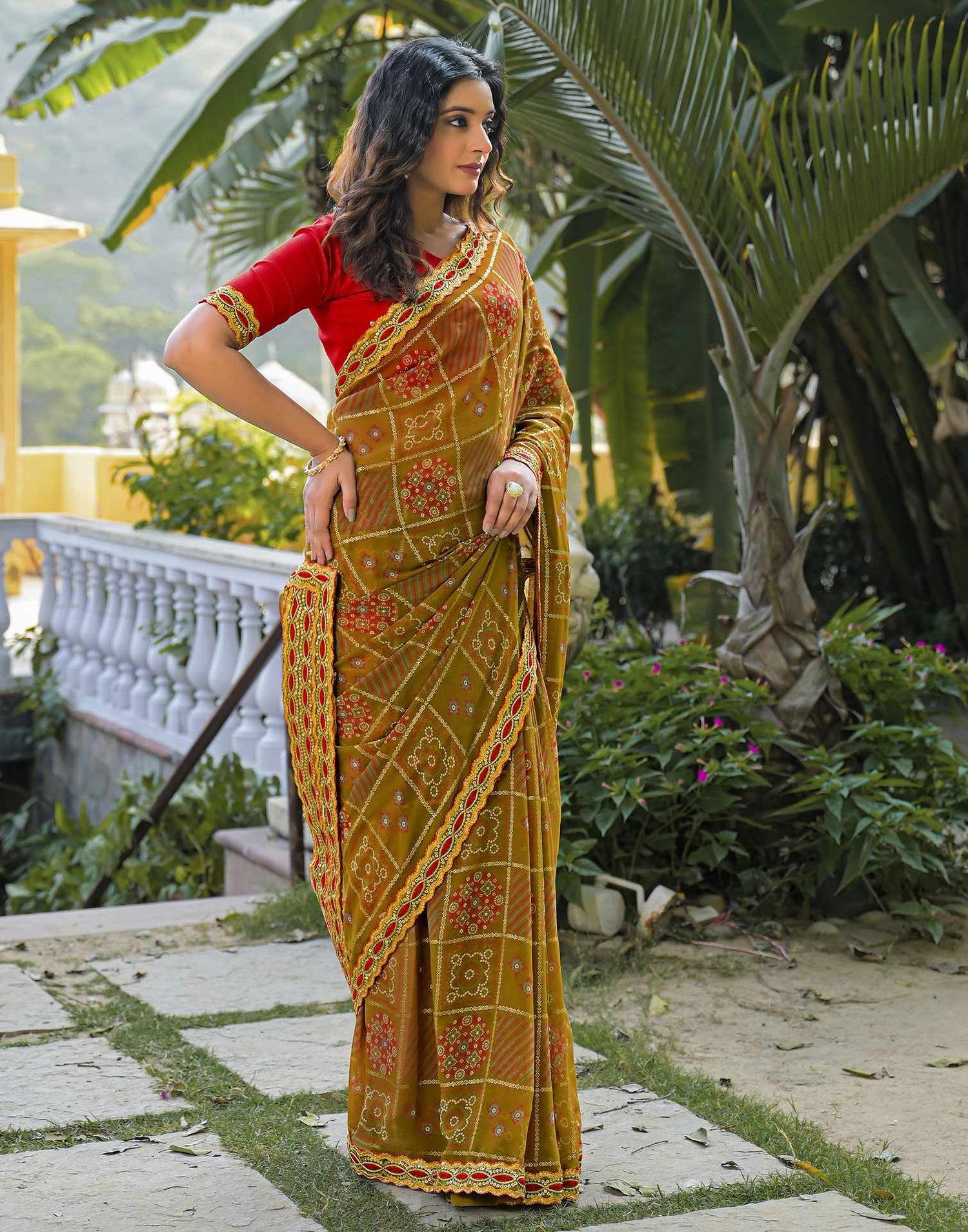 Dusty Brown Georgette Bandhani Printed Lace Saree