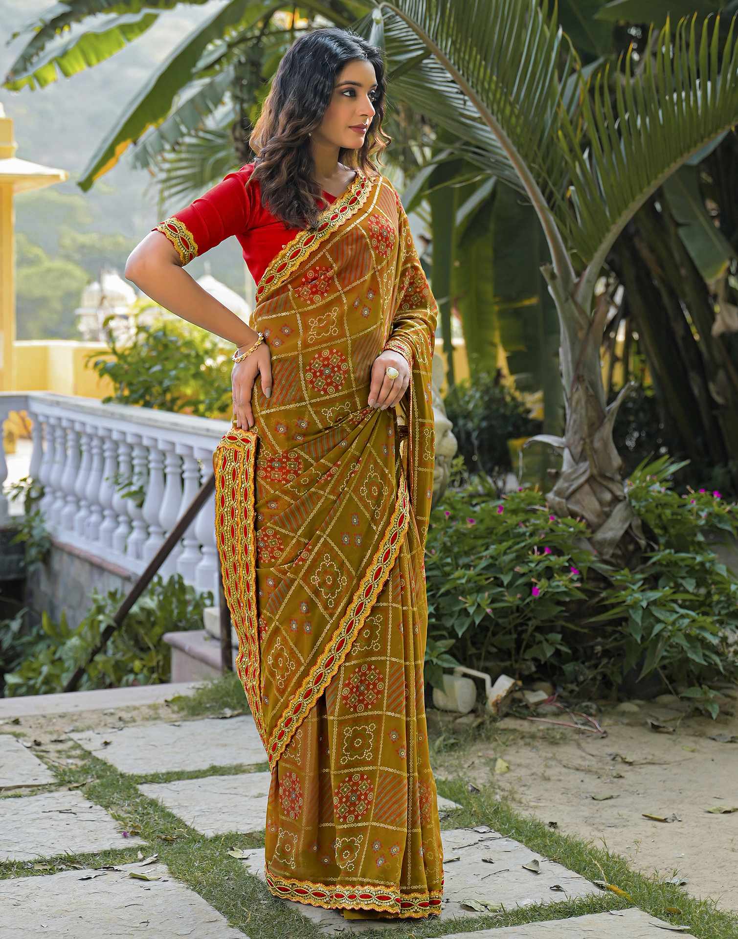 Dusty Brown Georgette Bandhani Printed Lace Saree