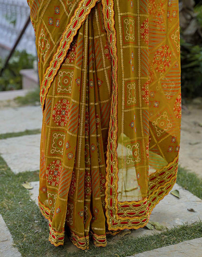 Dusty Brown Georgette Bandhani Printed Lace Saree