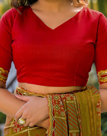 Dusty Brown Georgette Bandhani Printed Lace Saree