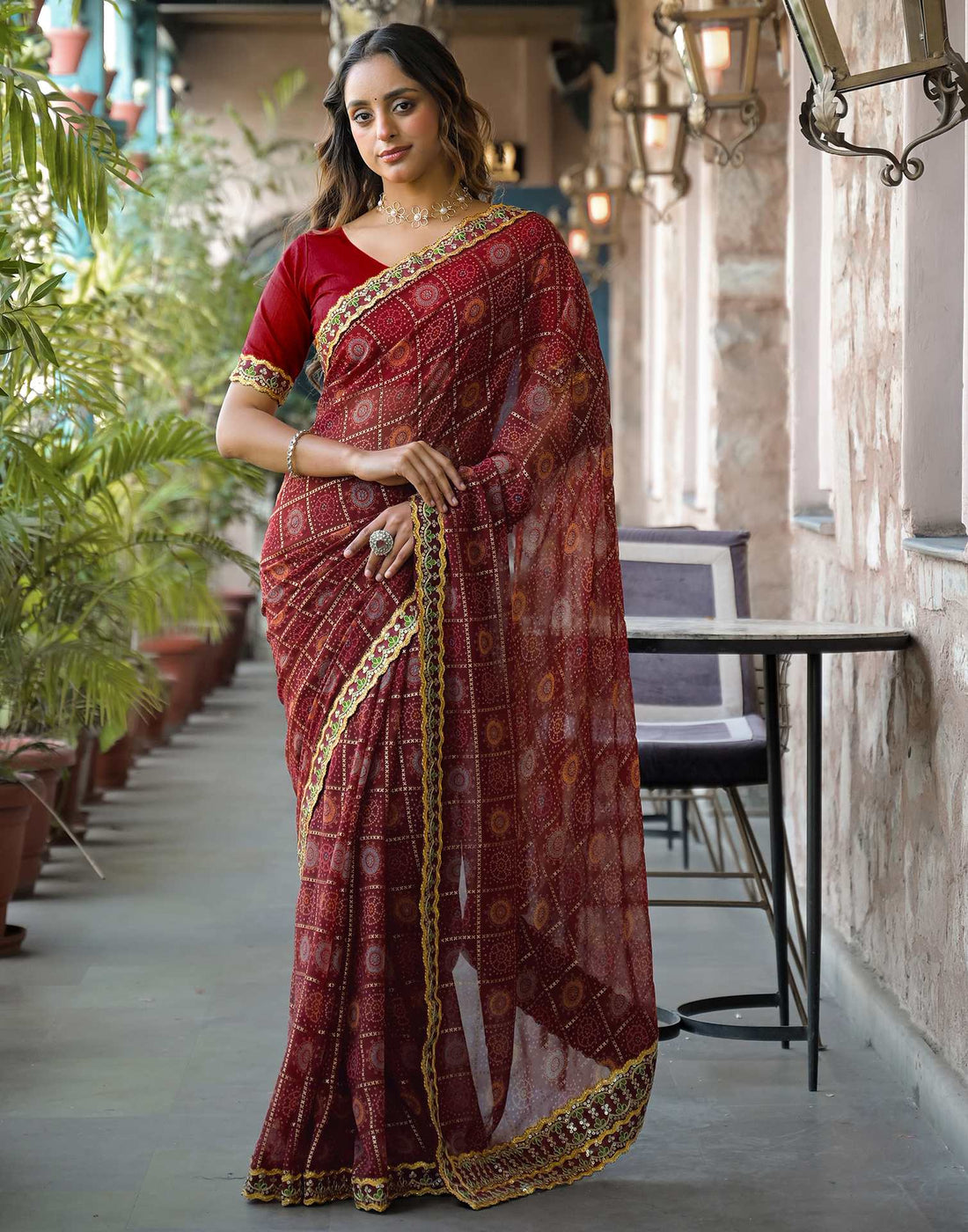 Maroon Georgette Bandhani Printed Lace Saree