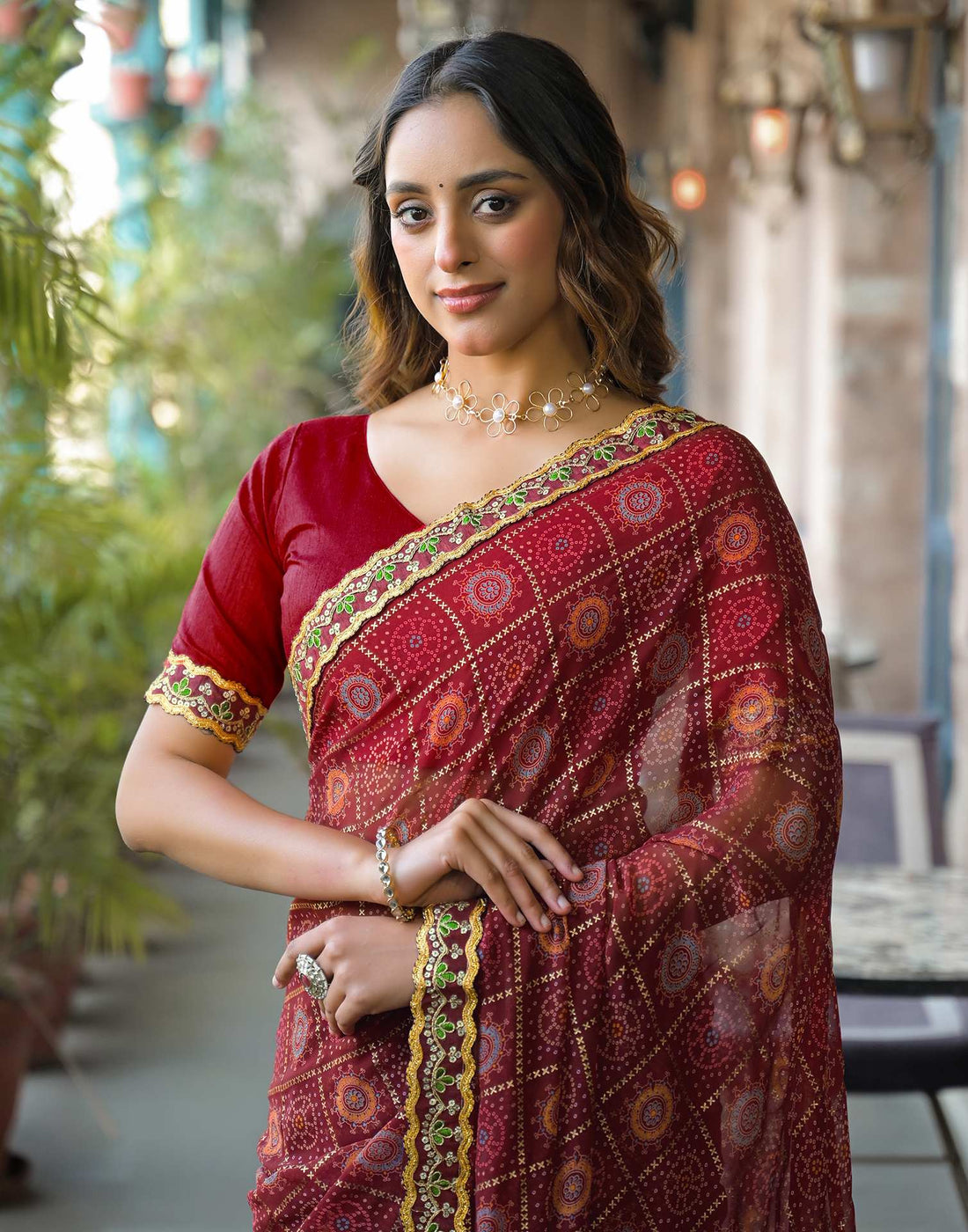 Maroon Georgette Bandhani Printed Lace Saree