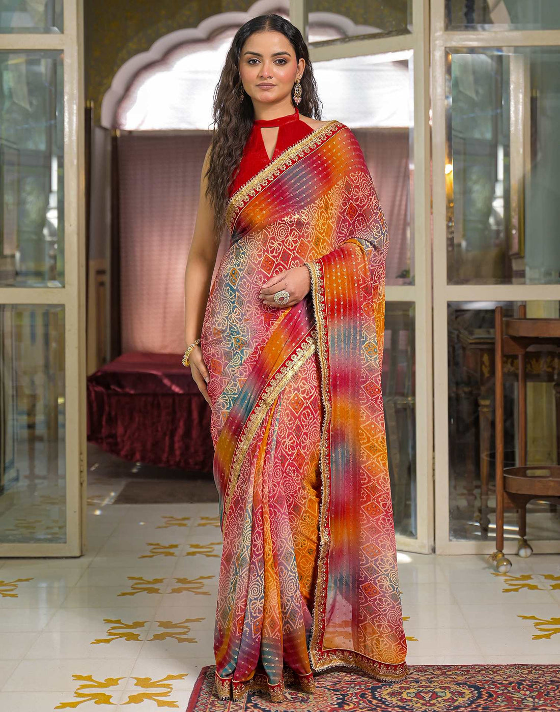 Multicoloured Georgette Bandhani Printed Lace Saree