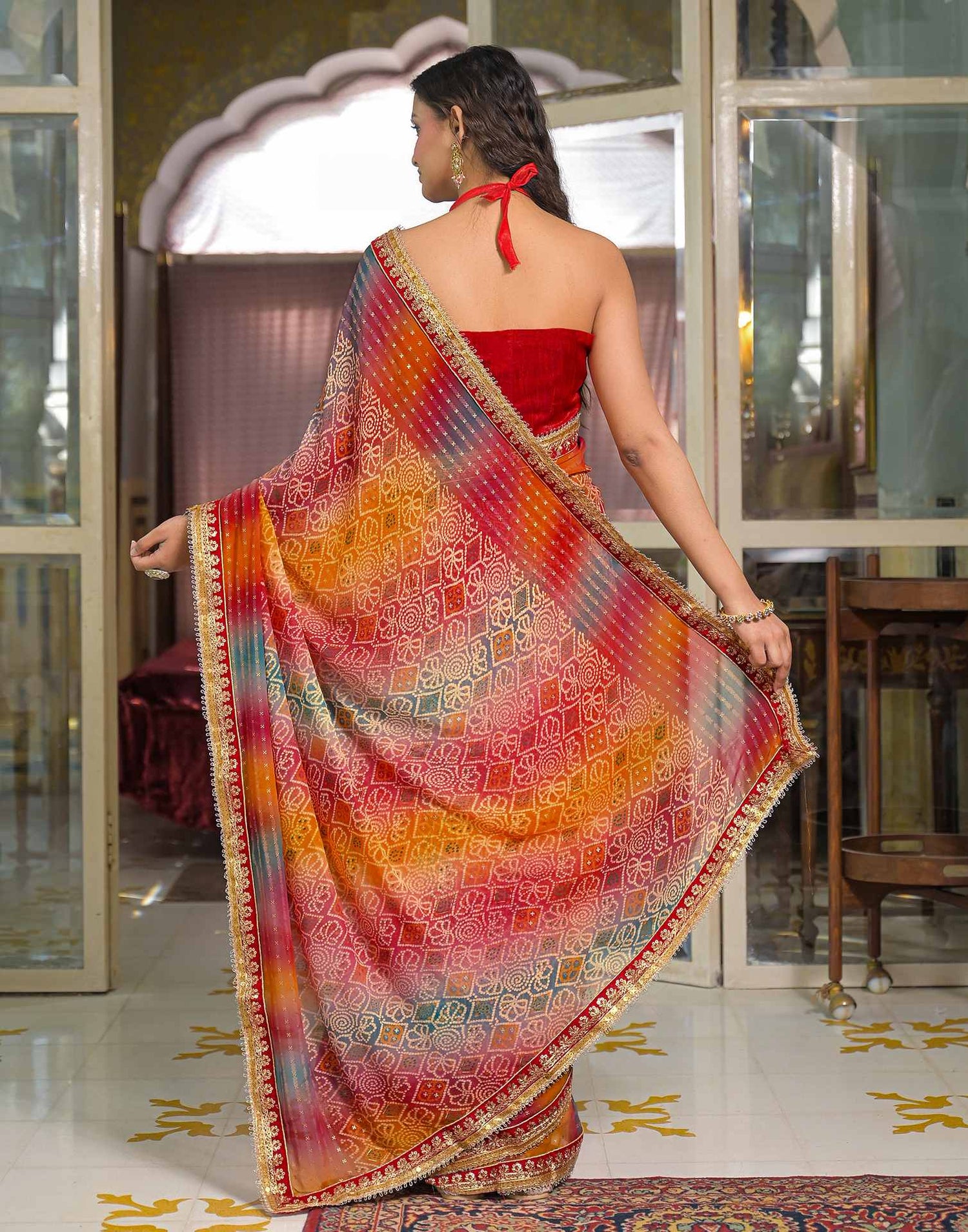 Multicoloured Georgette Bandhani Printed Lace Saree