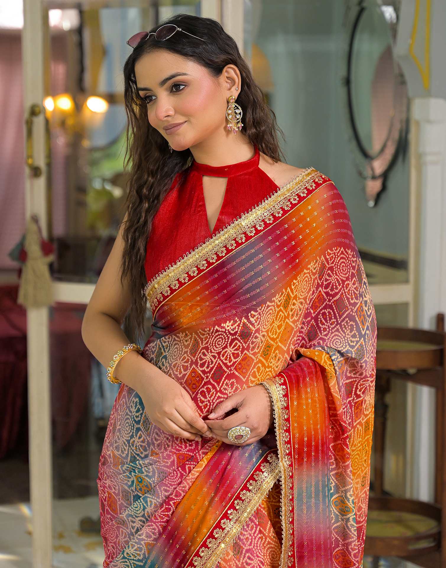 Multicoloured Georgette Bandhani Printed Lace Saree