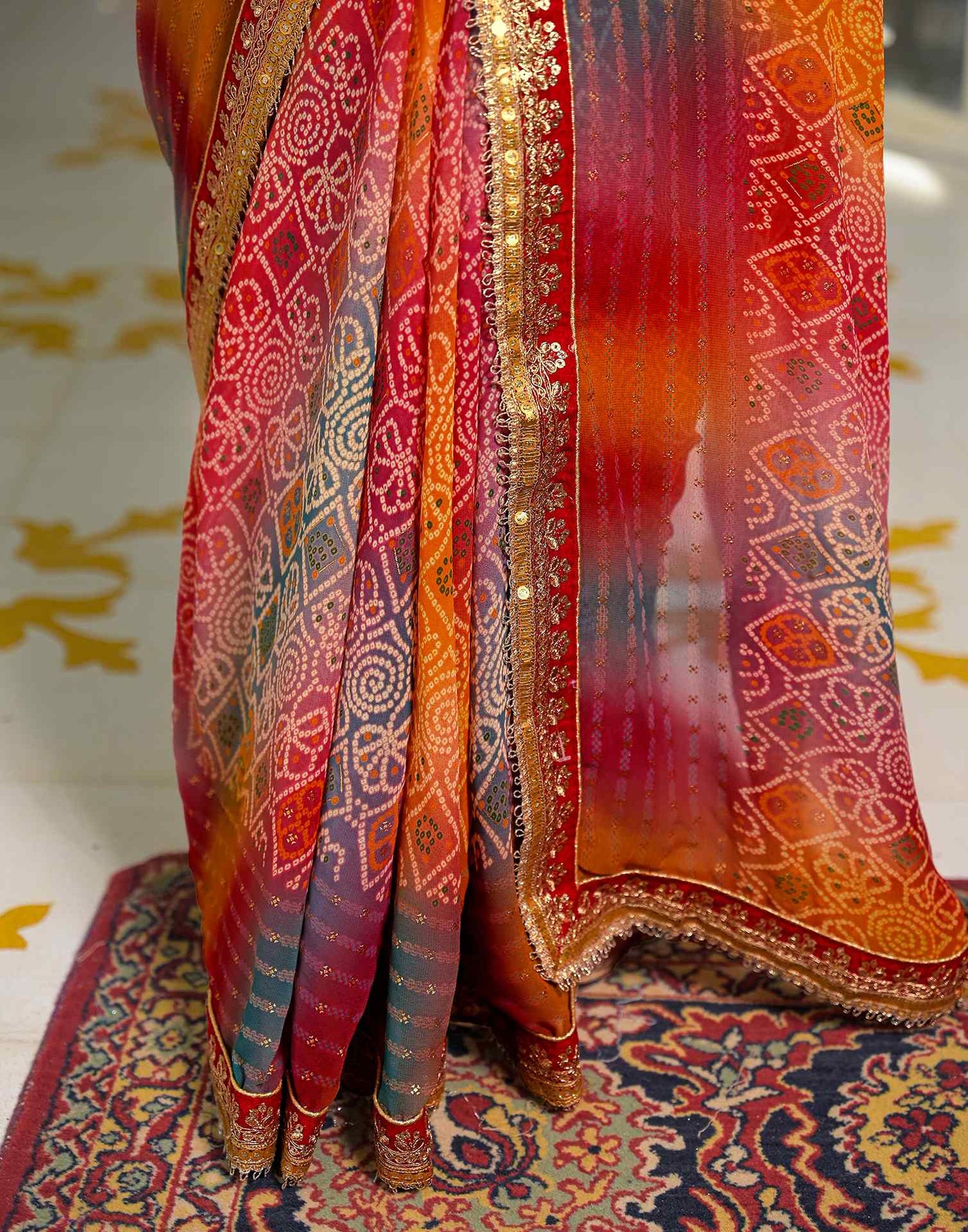 Multicoloured Georgette Bandhani Printed Lace Saree