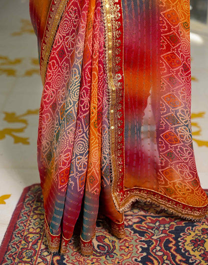 Multicoloured Georgette Bandhani Printed Lace Saree