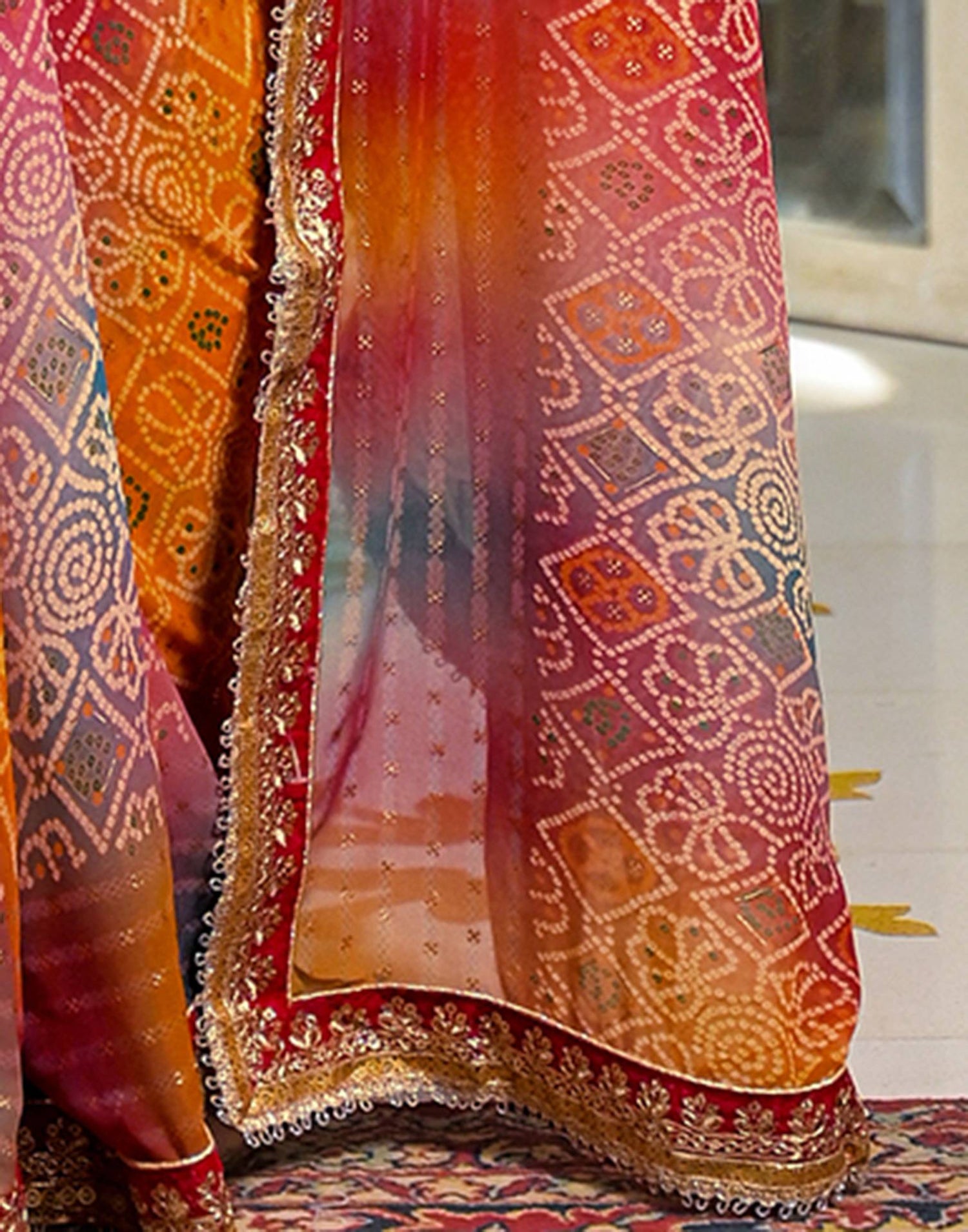Multicoloured Georgette Bandhani Printed Lace Saree