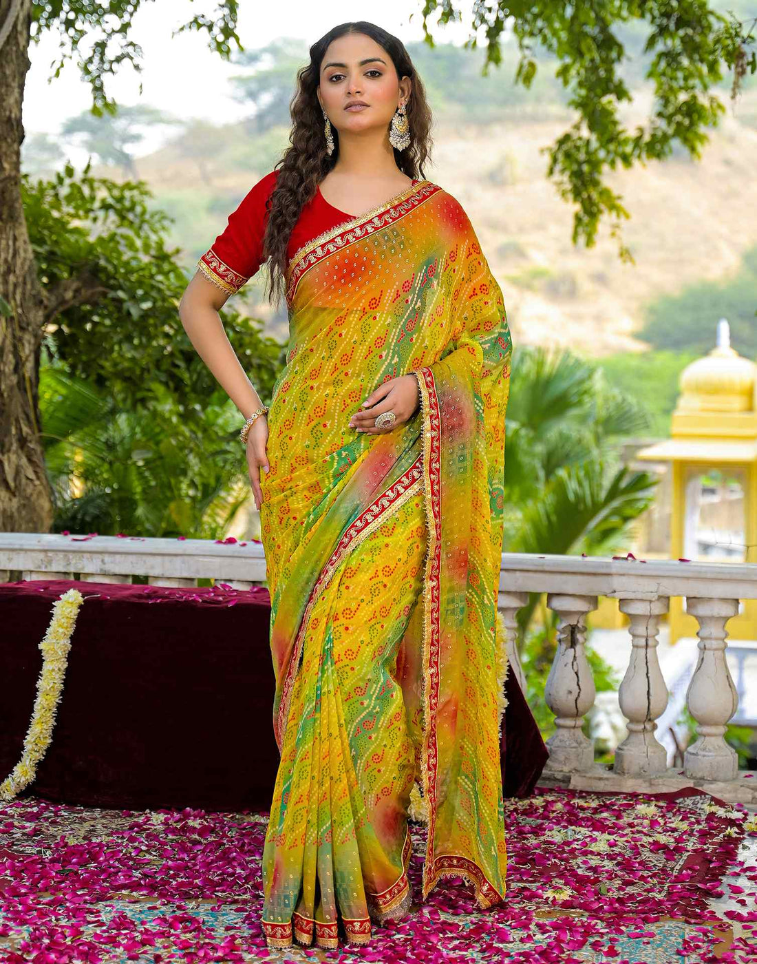 Yellow Georgette Bandhani Printed Lace Saree
