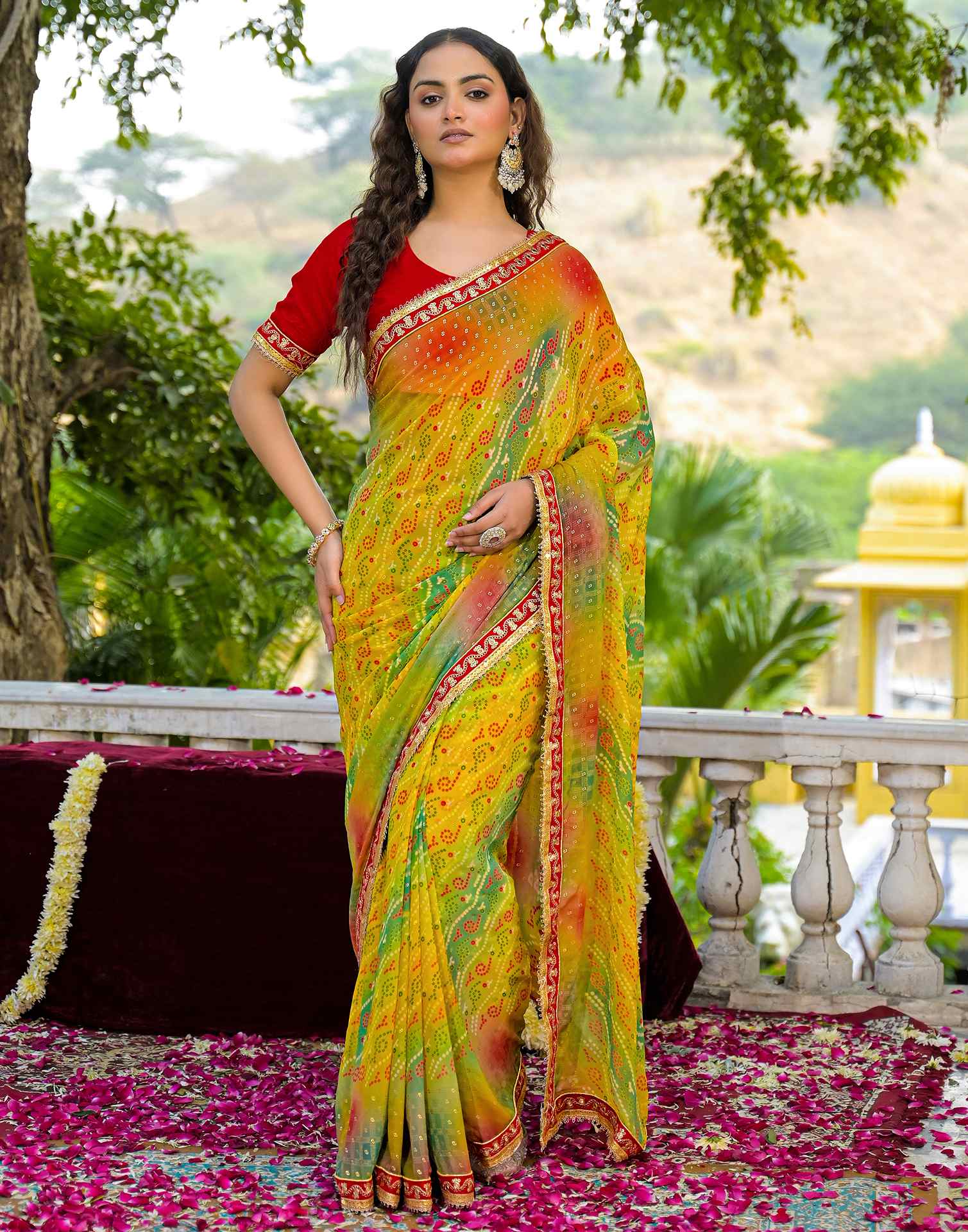 Yellow Georgette Bandhani Printed Lace Saree