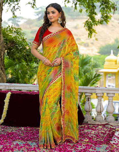 Yellow Georgette Bandhani Printed Lace Saree