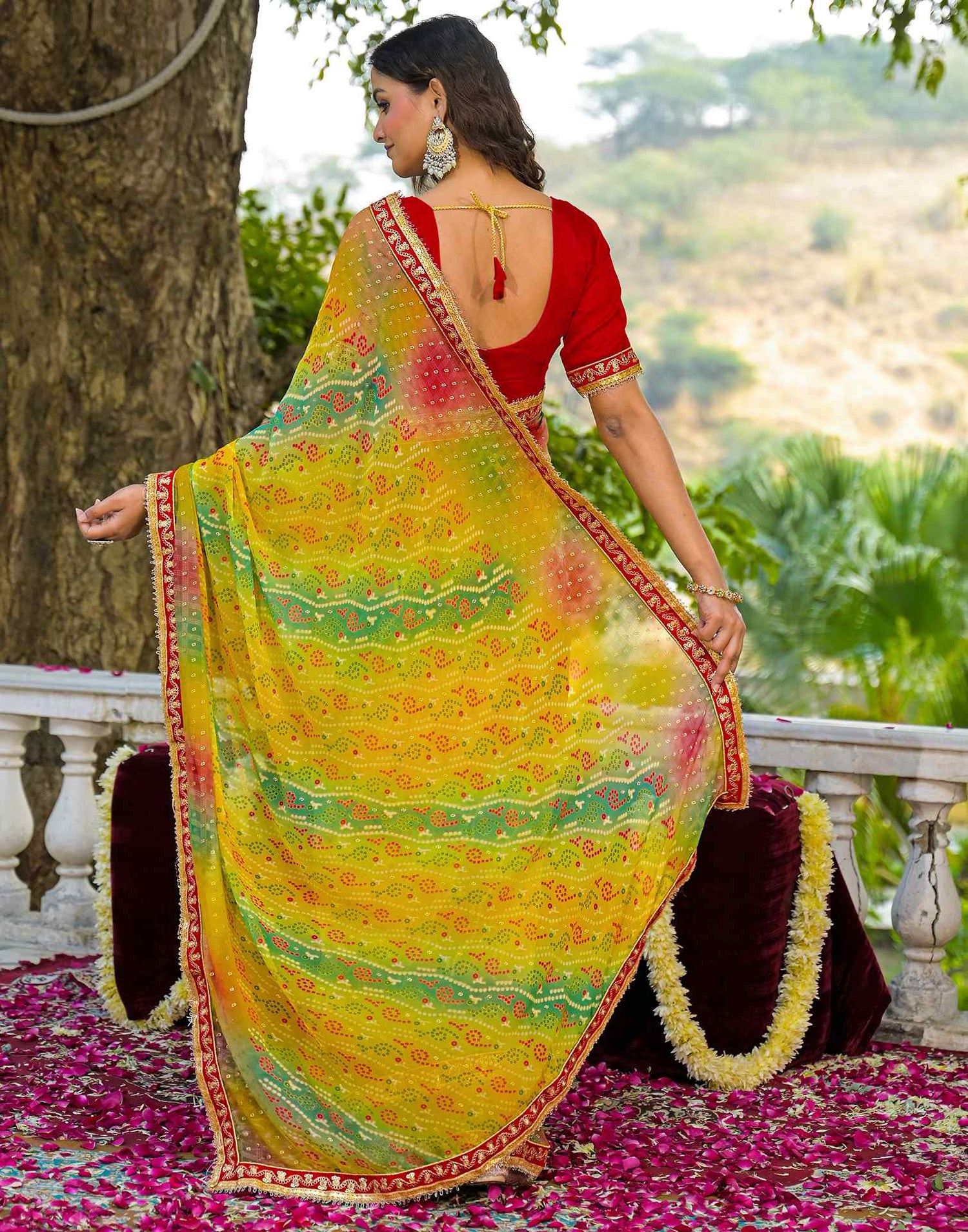 Yellow Georgette Bandhani Printed Lace Saree