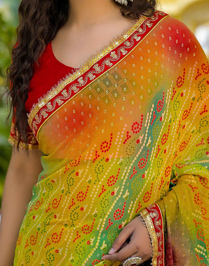 Yellow Georgette Bandhani Printed Lace Saree