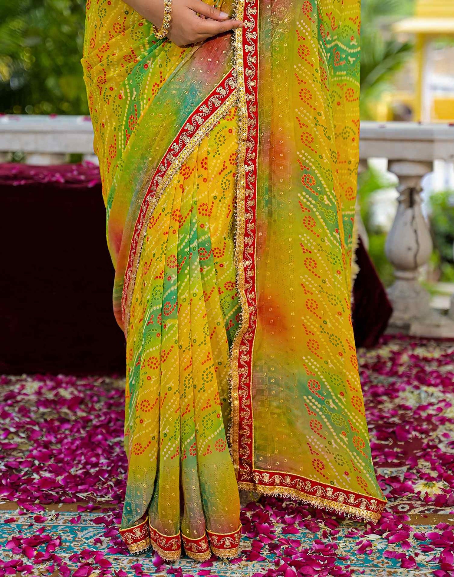 Yellow Georgette Bandhani Printed Lace Saree