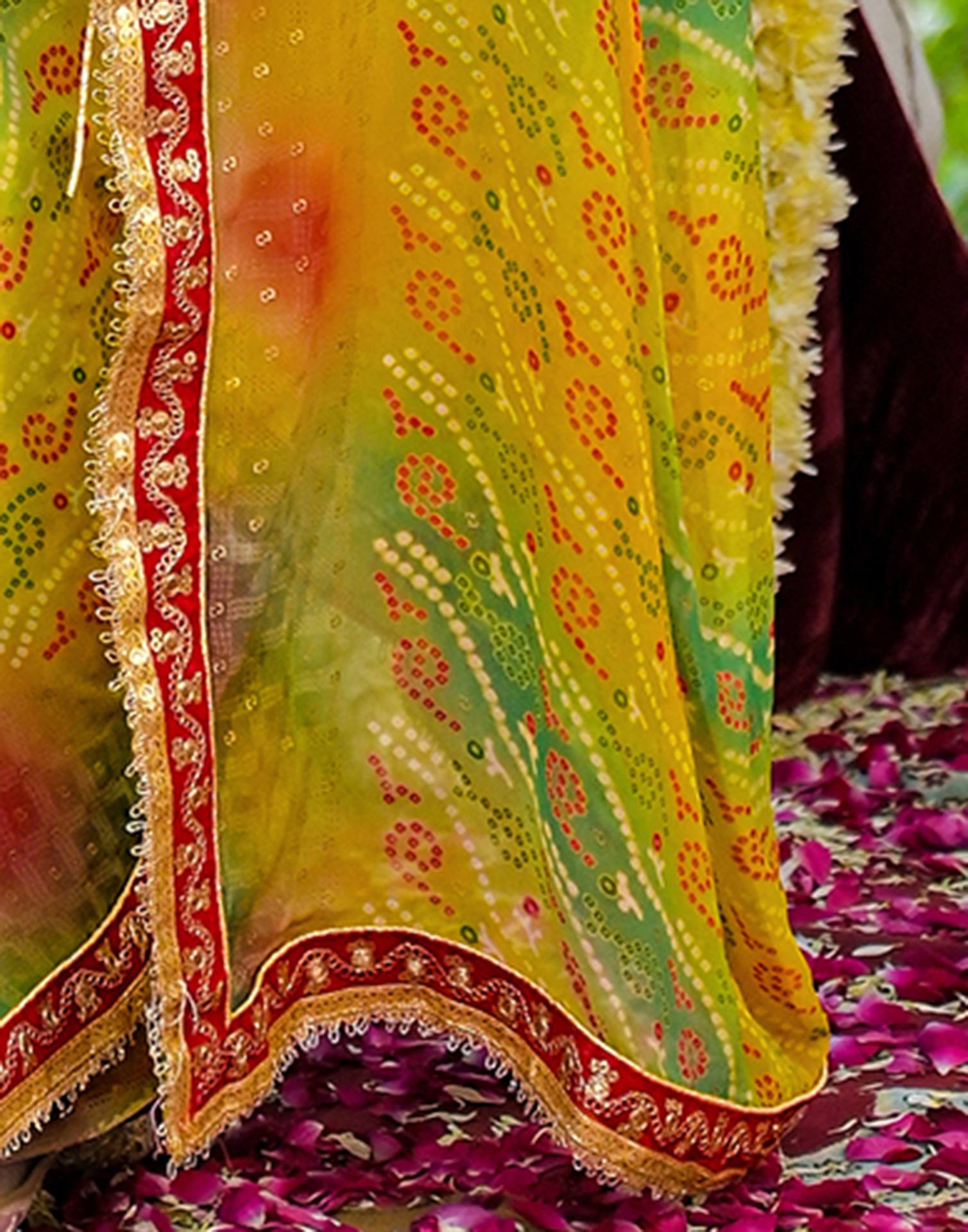 Yellow Georgette Bandhani Printed Lace Saree