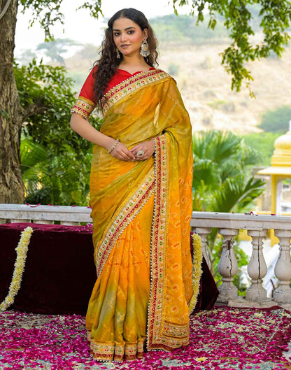 Yellow Chiffon Bandhani Printed Lace Saree