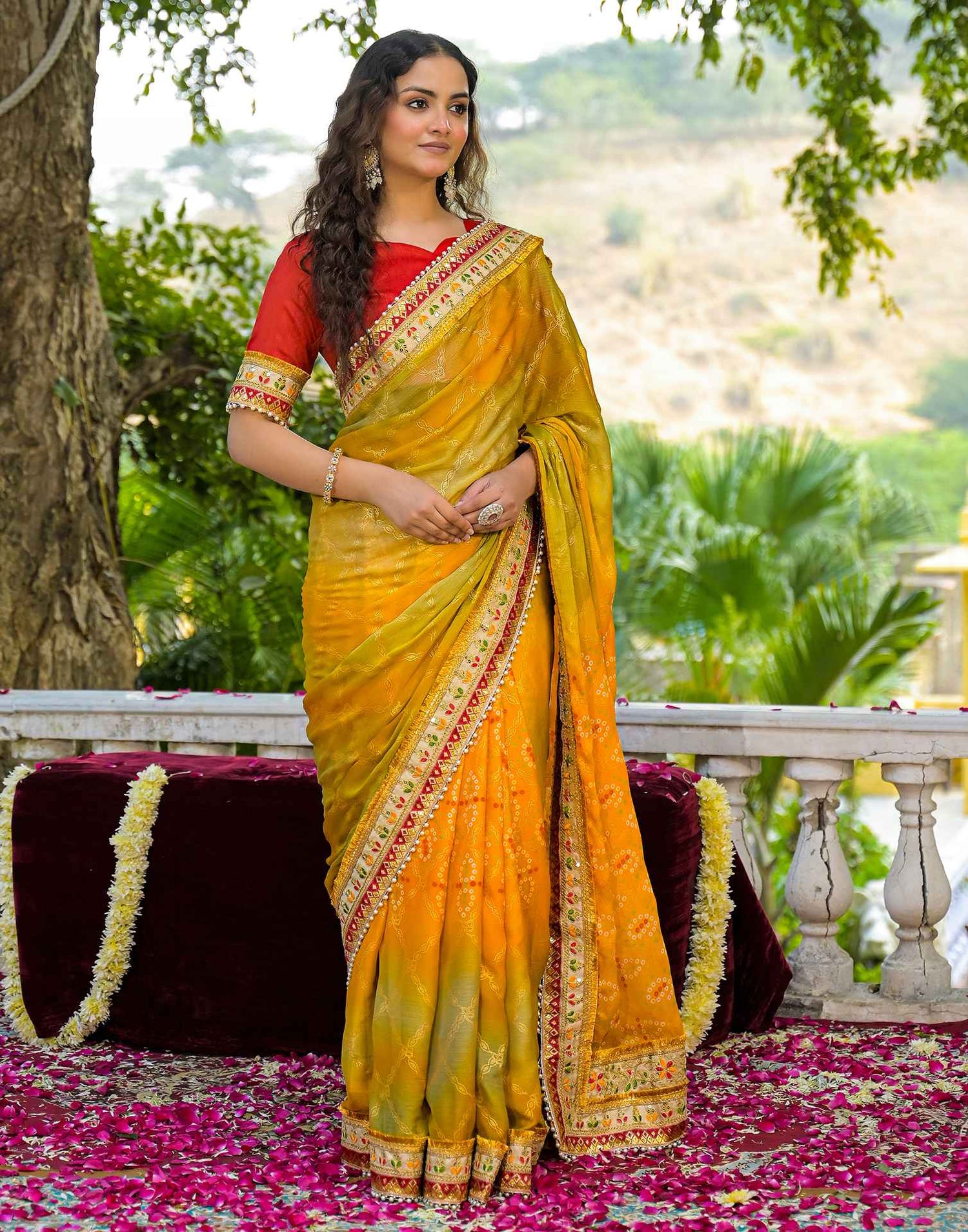 Yellow Chiffon Bandhani Printed Lace Saree