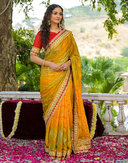 Yellow Chiffon Bandhani Printed Lace Saree