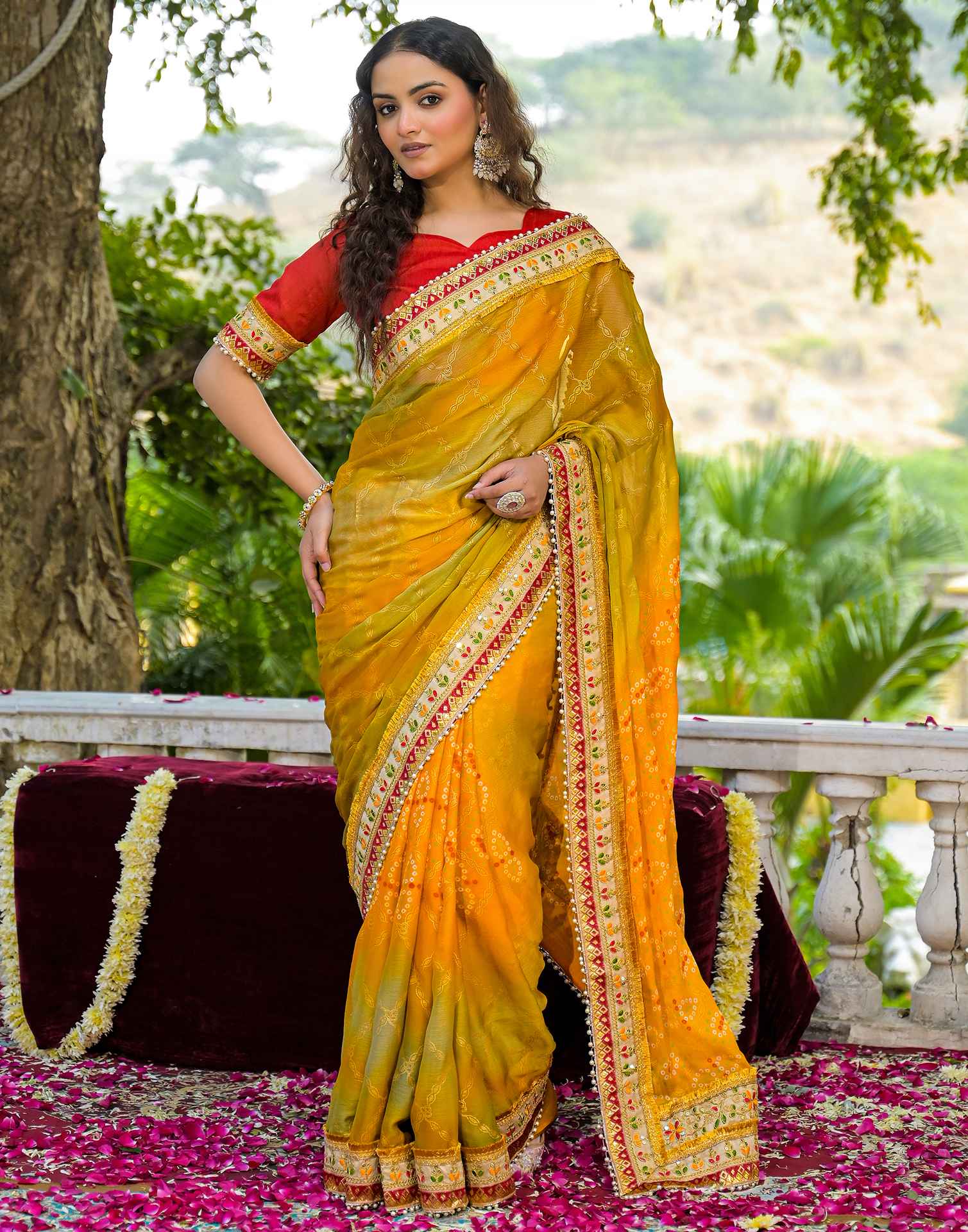 Yellow Chiffon Bandhani Printed Lace Saree