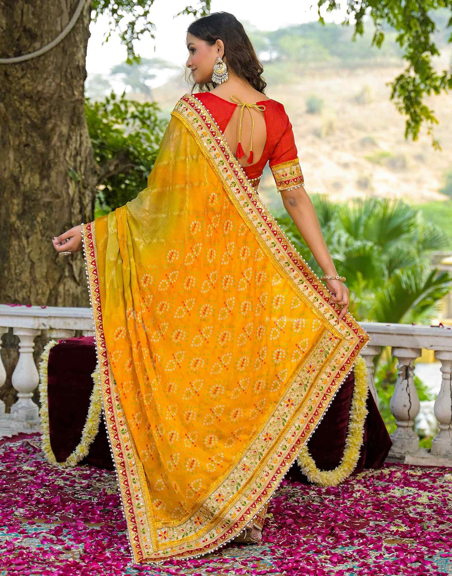 Yellow Chiffon Bandhani Printed Lace Saree