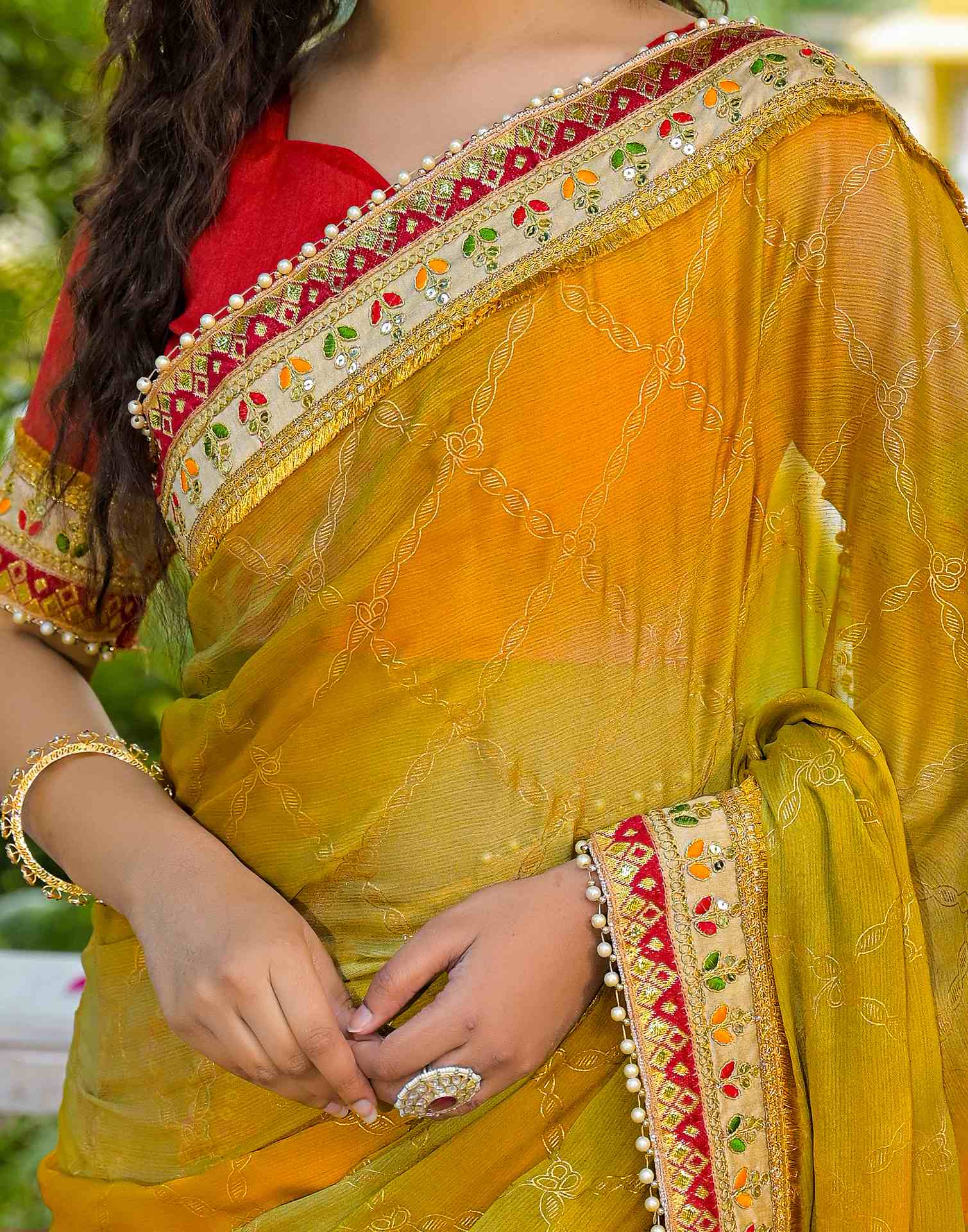 Yellow Chiffon Bandhani Printed Lace Saree