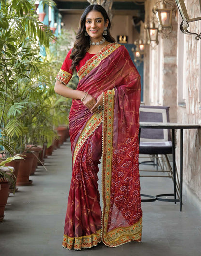 Magenta Chiffon Bandhani Printed Lace Saree