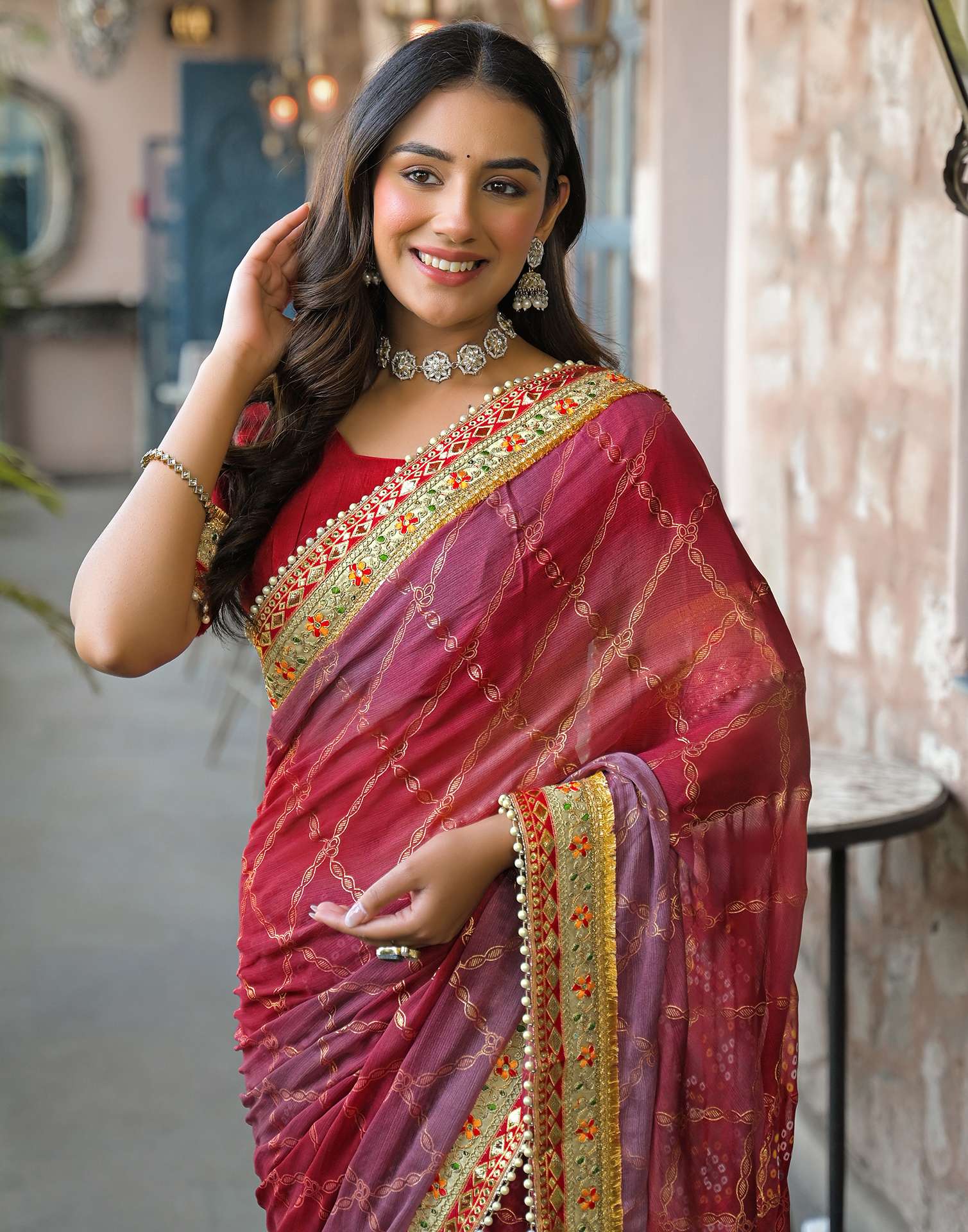 Magenta Chiffon Bandhani Printed Lace Saree