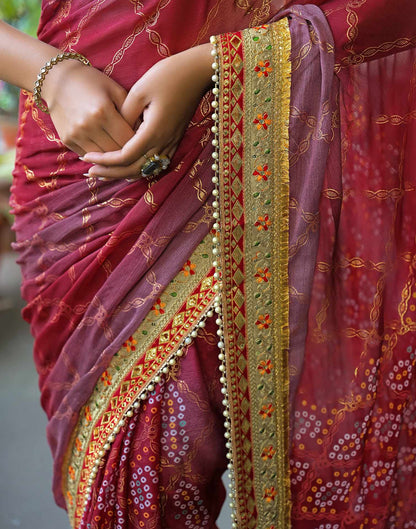 Magenta Chiffon Bandhani Printed Lace Saree