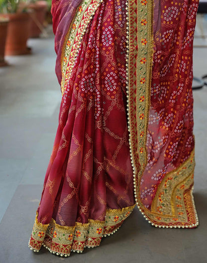 Magenta Chiffon Bandhani Printed Lace Saree