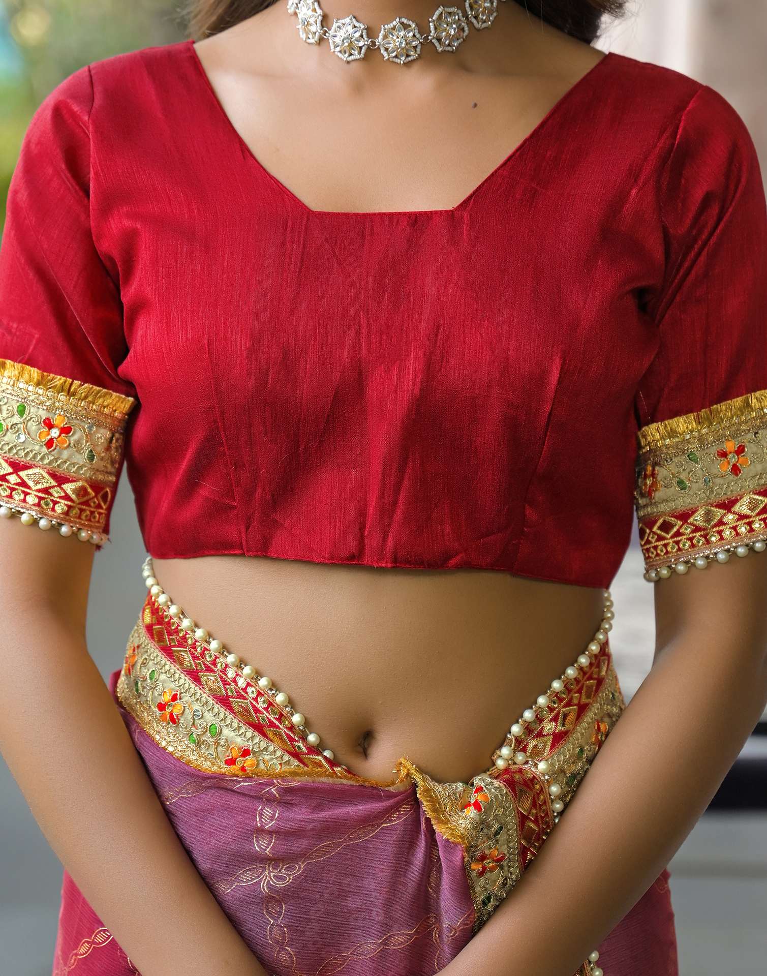 Magenta Chiffon Bandhani Printed Lace Saree