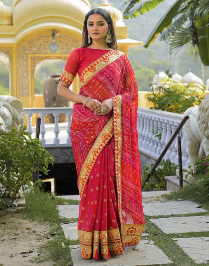 Red Chiffon Bandhani Printed Lace Saree