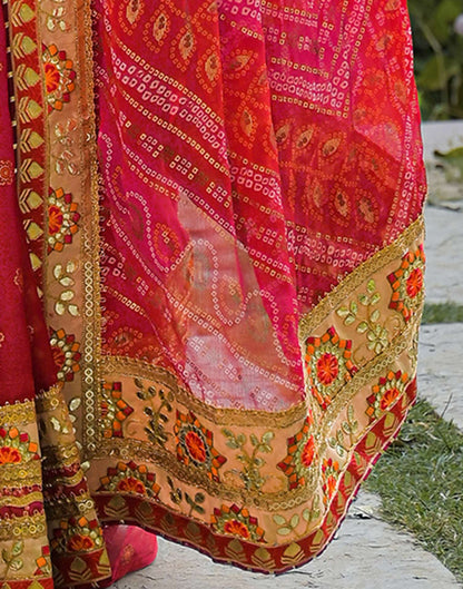 Red Chiffon Bandhani Printed Lace Saree