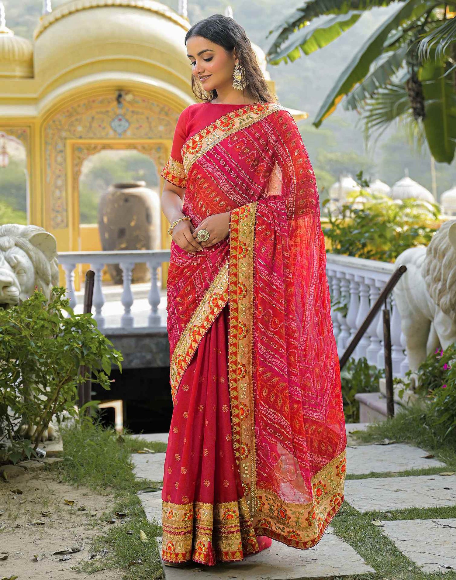 Red Chiffon Bandhani Printed Lace Saree