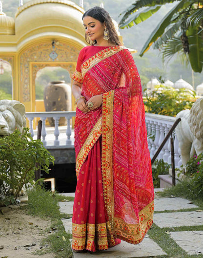 Red Chiffon Bandhani Printed Lace Saree
