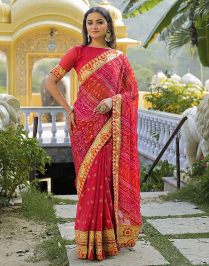 Red Chiffon Bandhani Printed Lace Saree