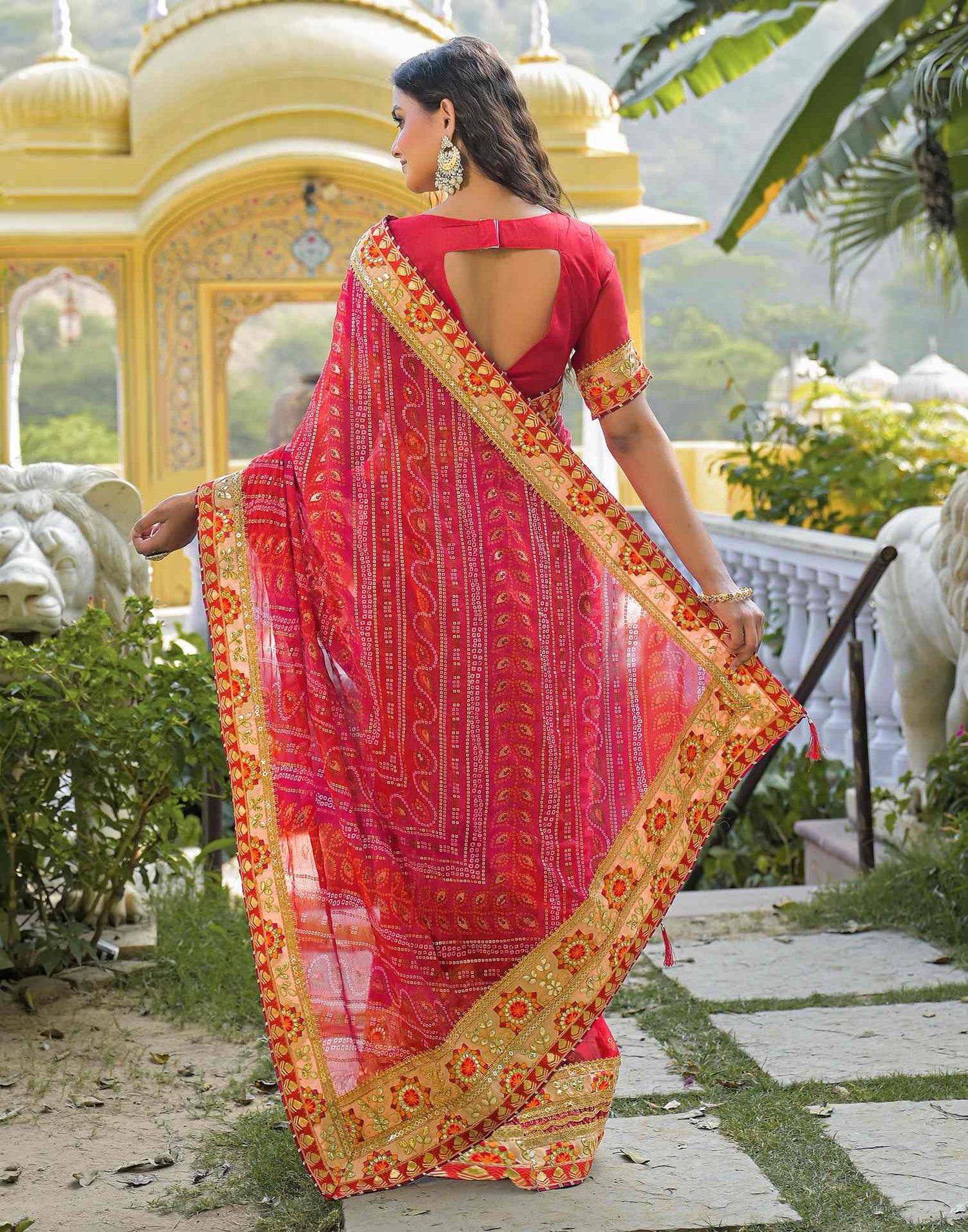 Red Chiffon Bandhani Printed Lace Saree