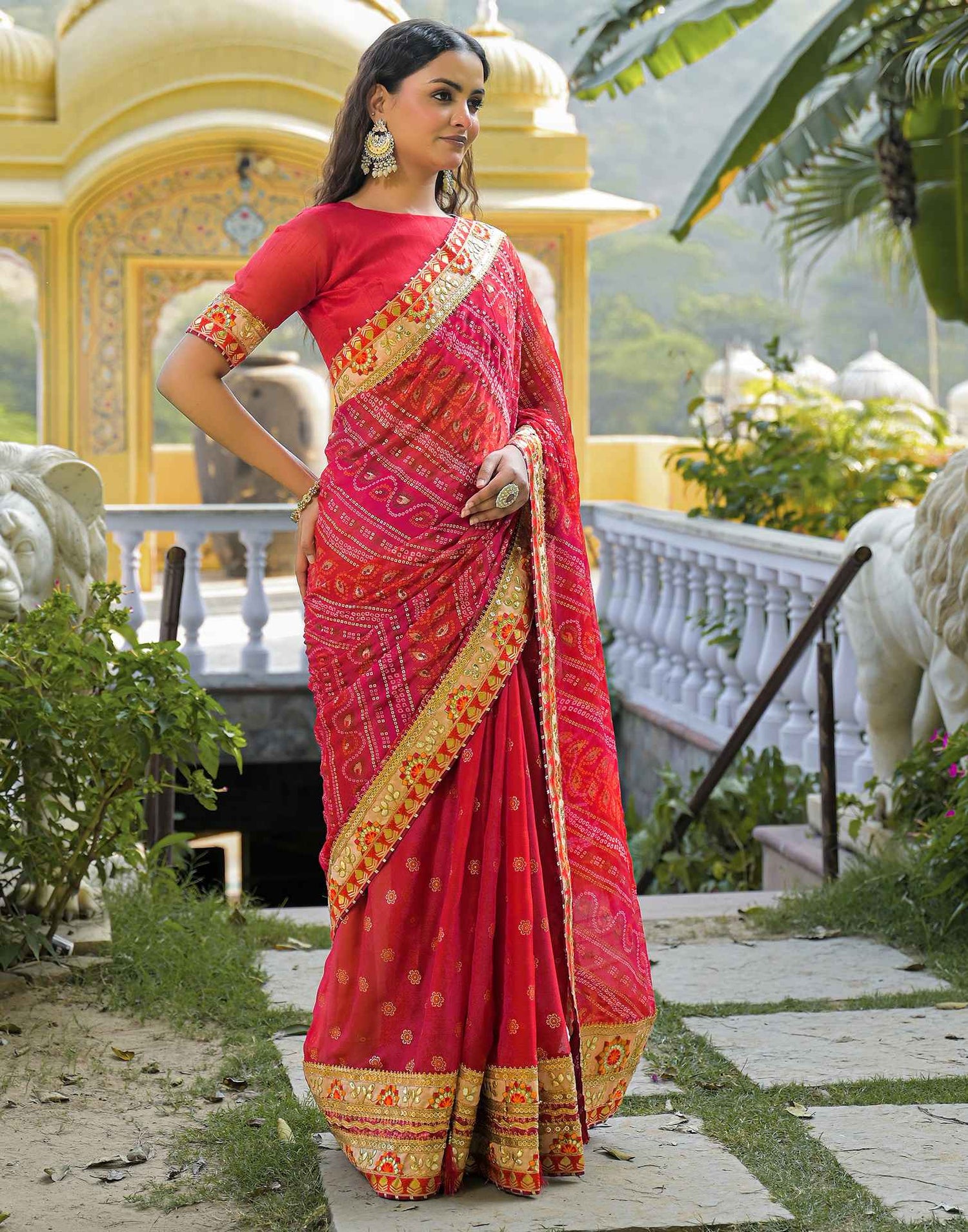 Red Chiffon Bandhani Printed Lace Saree