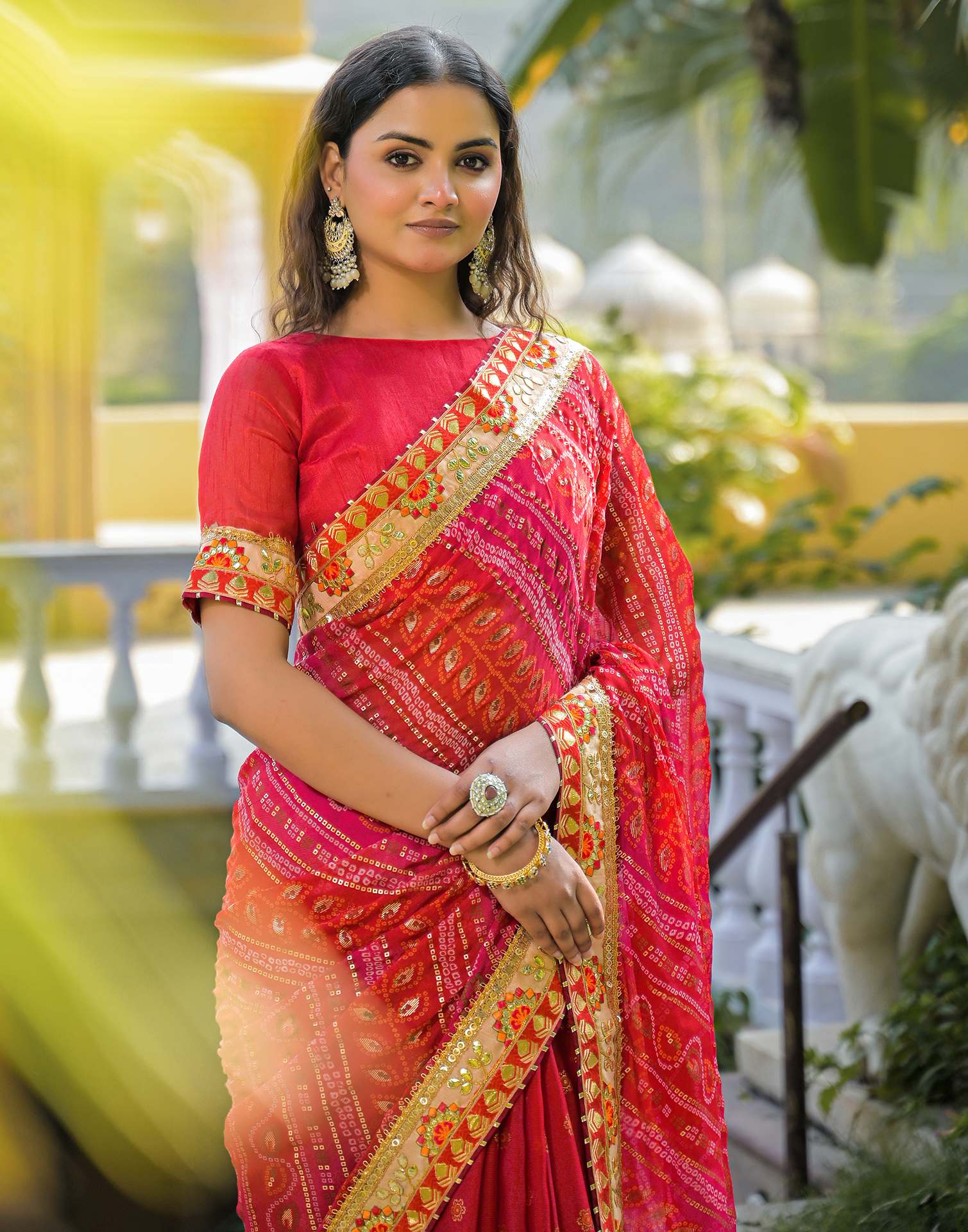 Red Chiffon Bandhani Printed Lace Saree