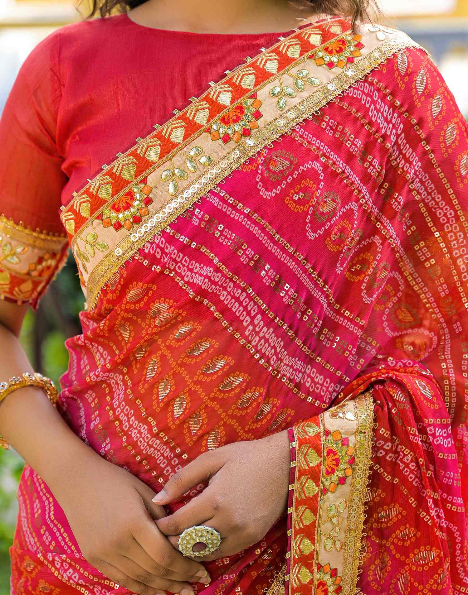 Red Chiffon Bandhani Printed Lace Saree