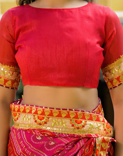 Red Chiffon Bandhani Printed Lace Saree