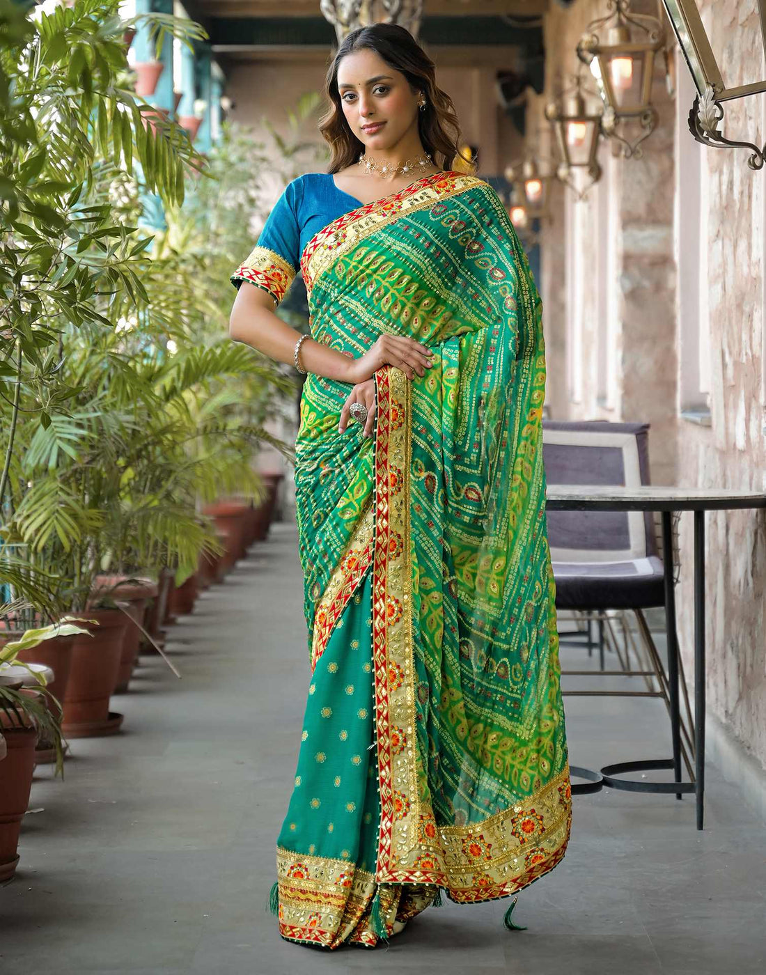 Green Chiffon Bandhani Printed Lace Saree