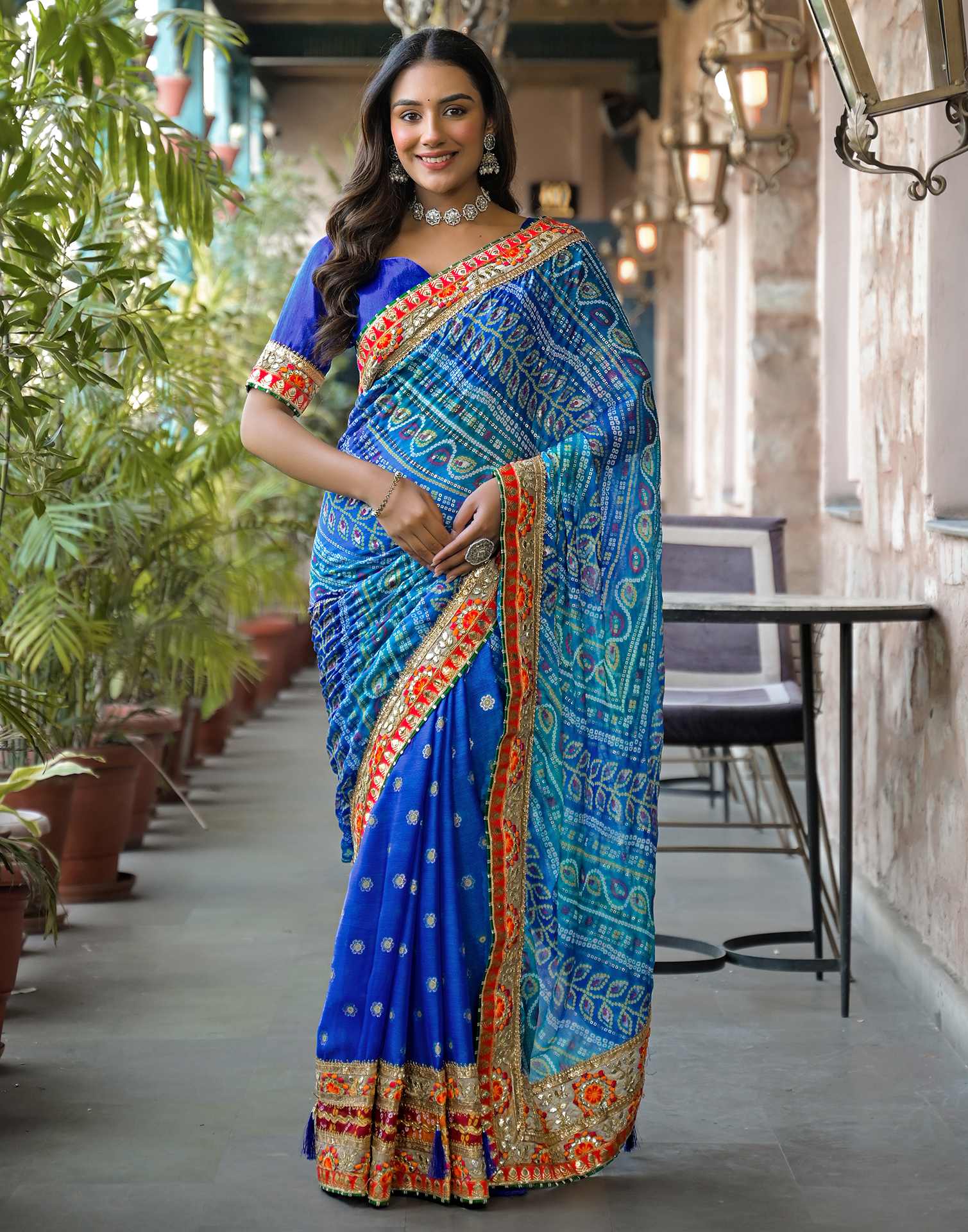 Blue Chiffon Bandhani Printed Lace Saree