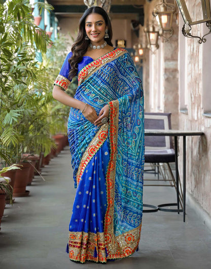 Blue Chiffon Bandhani Printed Lace Saree