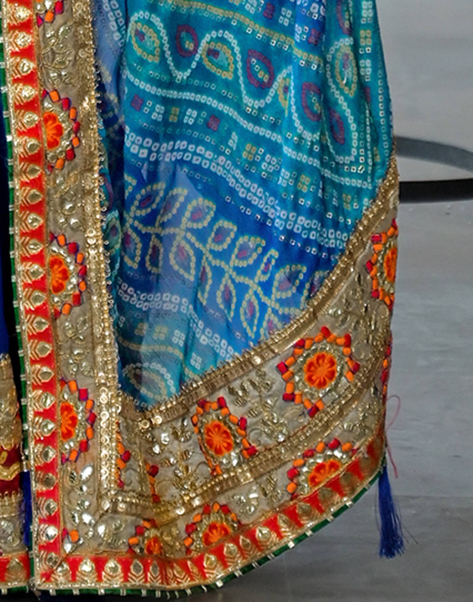 Blue Chiffon Bandhani Printed Lace Saree